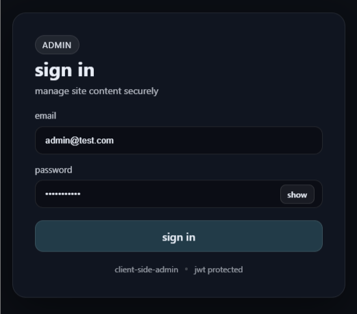 Secure admin sign-in screen for the content management system